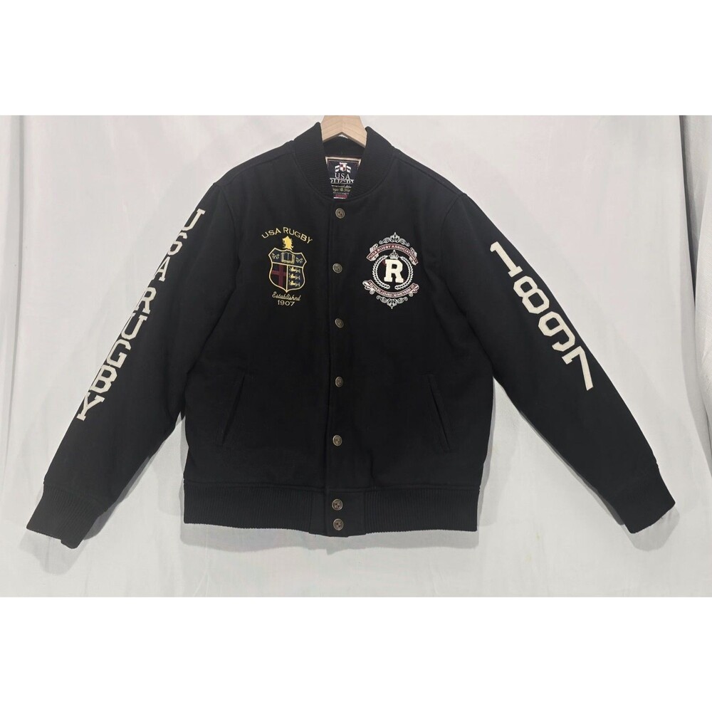 VTG USA Rugby Varsity Bomber Jacket Large Black Wool Blend 90s Y2K Streetwear